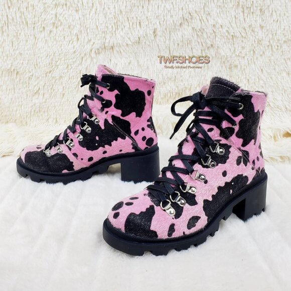 Mata Shoes - Kick Ass Baby Pink Faux Fur Cow Print Lug Sole Combat Cow Kickers Ankle boots
